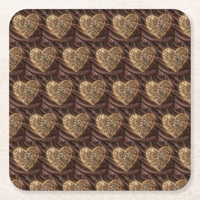 Gold Dusted Heart on chocolate fudge background Square Paper Coaster (Front)