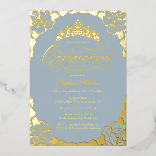 Gold Dusty Blue Elegant Script Quinceanera Foil Invitation