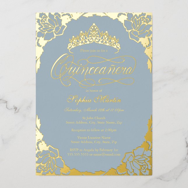 Gold Dusty Blue Elegant Script Quinceanera  Foil Invitation (Front)