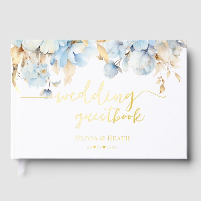 Gold Dusty Blue Floral Wedding Foil Guest Book (Front)