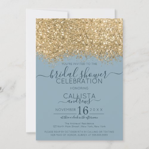 Gold Dusty Blue Glitter Confetti Bridal Shower Invitation