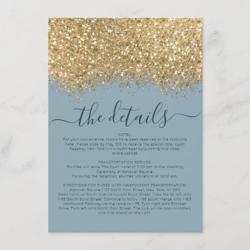 Gold Dusty Blue Glitter Confetti Wedding Details Enclosure Card