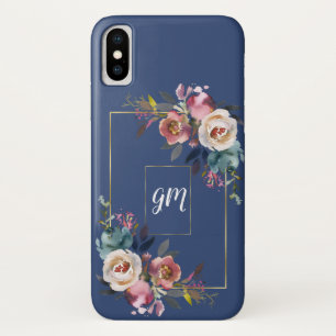 Gold Dusty Blue Misty Rose Flowers Monogram iPhone X Case