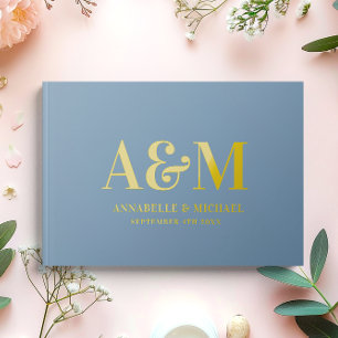 GOLD DUSTY BLUE MONOGRAM MINIMALIST WEDDING FOIL GUEST BOOK