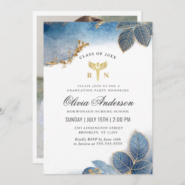 Gold Dusty Blue PHOTO Nursing School Graduation Invitation (Front/Back)