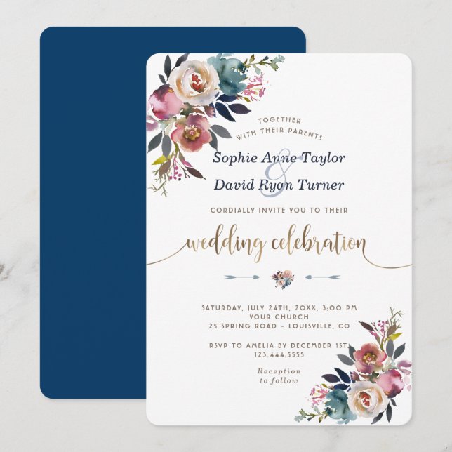 Gold Dusty Blue Pink Floral Bloom Wedding Invitation (Front/Back)
