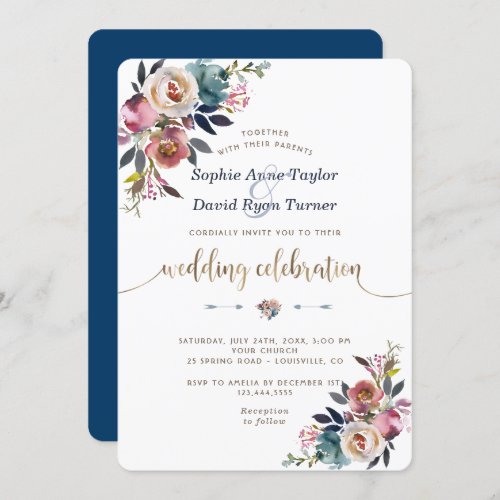 Gold Dusty Blue Pink Floral Bloom Wedding Invitation