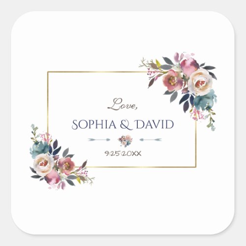 Gold Dusty Blue Pink Floral Monogram Square Sticker
