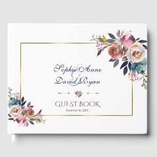Gold Dusty Blue Pink Floral Wedding Guest Book