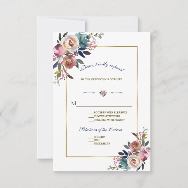 Gold Dusty Blue Pink Floral | Wedding RSVP (Front)