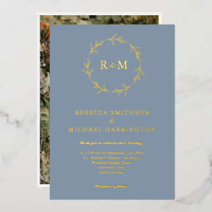 Gold Dusty Blue Wreath Monogram Wedding Foil Invitation