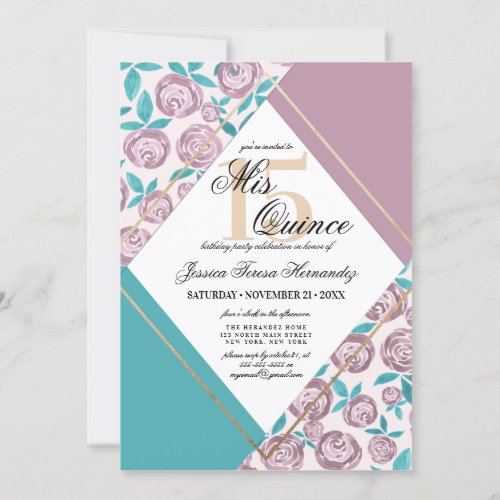 Gold Dusty Pink Flowers Watercolor Mis Quince Invitation