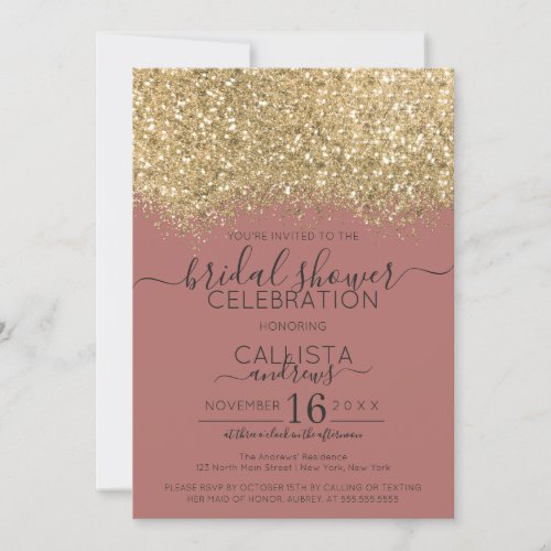 Gold Dusty Rose Glitter Confetti Bridal Shower Invitation