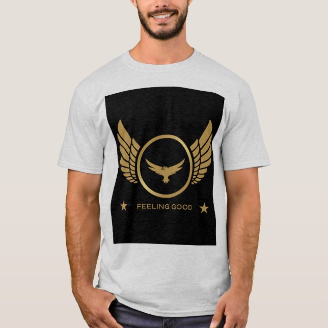 Gold Eagle with Wings Image Feeling Good Text Ash  T-Shirt (Front)