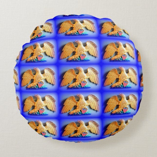 gold eagles on round blue pillow (Front)