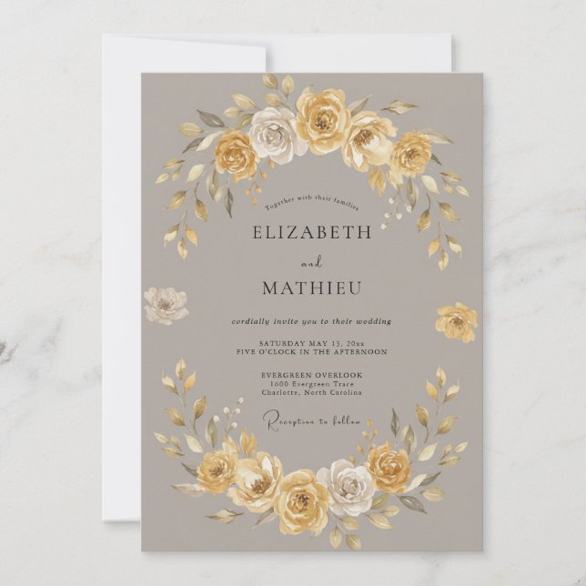 Gold Earthy Floral Wedding Invitation (Front)