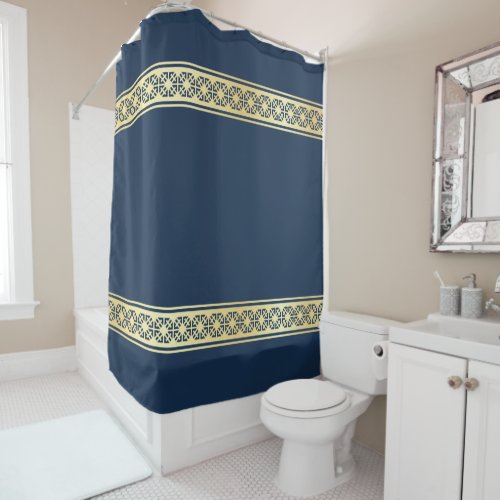 Gold Eastern Geometric Patterned Stripes on Navy Shower Curtain