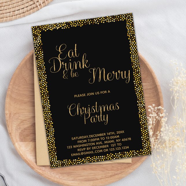 Gold “Eat, Drink & Be Merry” Christmas Invitation (Gold Eat Drink and be Merry Christmas Invitations)