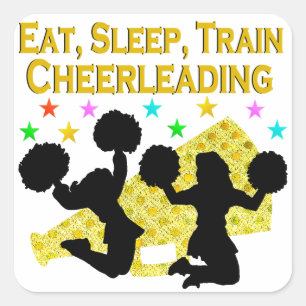 GOLD EAT SLEEP CHEERLEADING DESIGN SQUARE STICKER