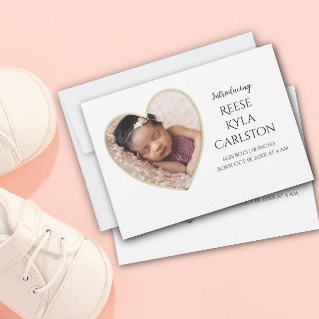 Gold Edge Heart Frame Photo Birth Announcement (Creator Uploaded)
