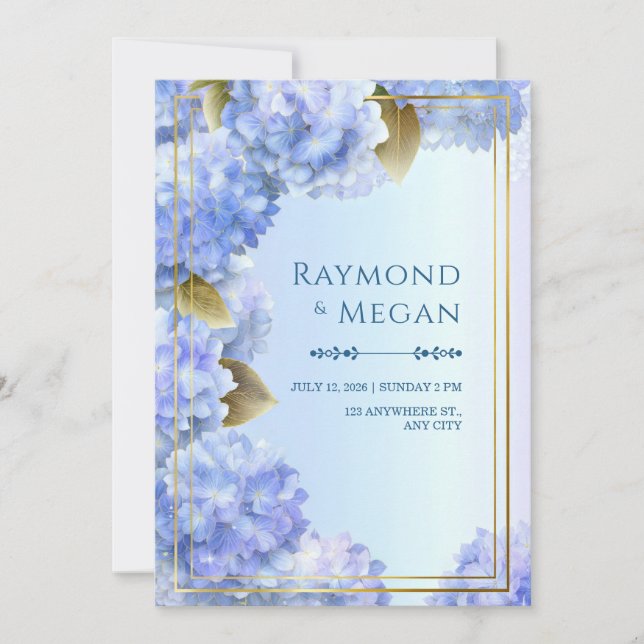 Gold Edged Blue Hydrangea Gilded Leaf Frame Invitation (Front)