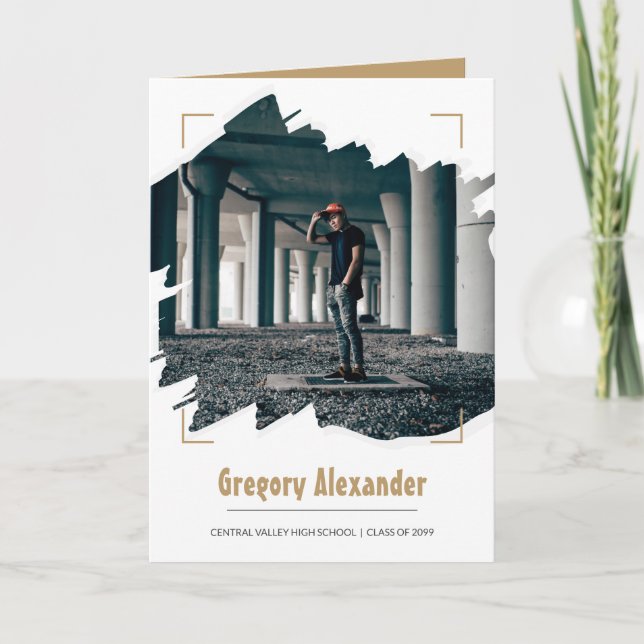 Gold Edgy Abstract Brushstroke Photo Graduation Invitation (Front)