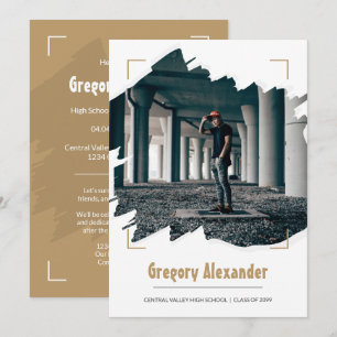 Gold Edgy Abstract Brushstroke Photo Graduation Invitation
