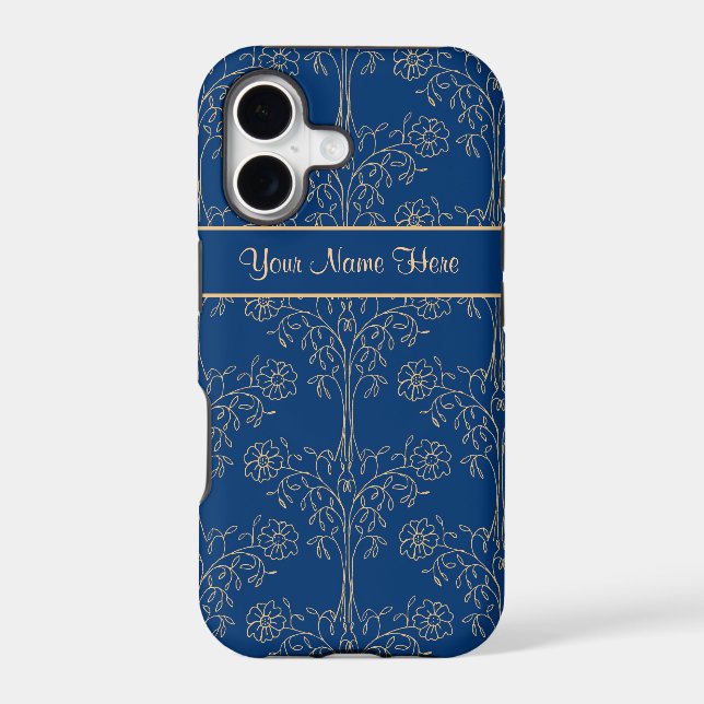 Gold-effect Floral Pattern on Deep Blue Background Iphone Case (Back)