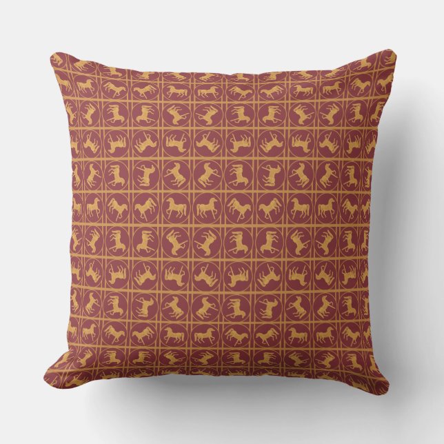 Gold-effect Horses on Deep Red Background Throw Pillow (Front)