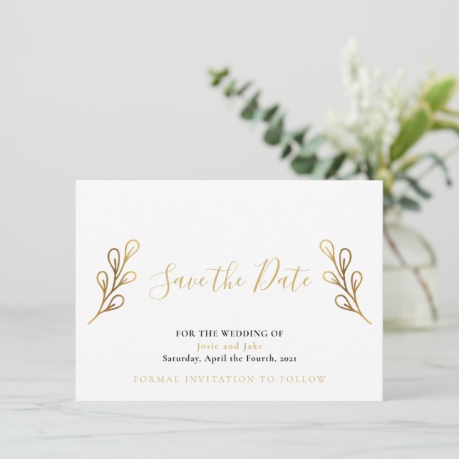 Gold effect petals save the date card (Standing Front)