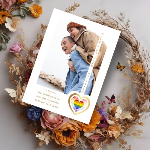 Gold Effect Pride Rainbow Heart Lesbian Gay Photo Save The Date