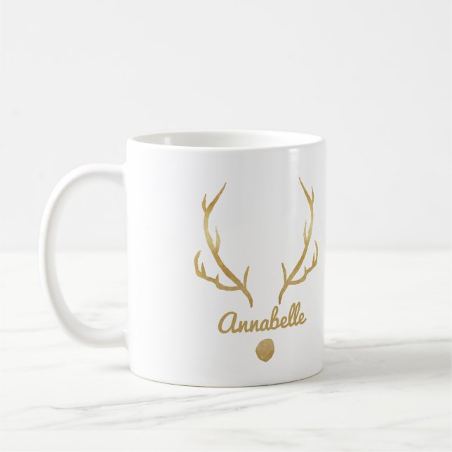 Gold effect reindeer funny antlers personalised T- Coffee Mug (Left)