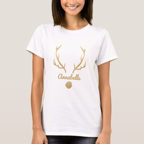 Gold effect reindeer funny antlers personalised T_Shirt