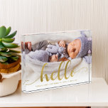Gold Effect Script Lettering "Hello" Baby Photo Block<br><div class="desc">Gold Effect Script Lettering "Hello" Baby photo custom design.</div>