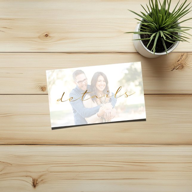 Gold effect script, your photo wedding details enclosure card (Wedding details enclosure card with a photo background and gold effect script on the front)