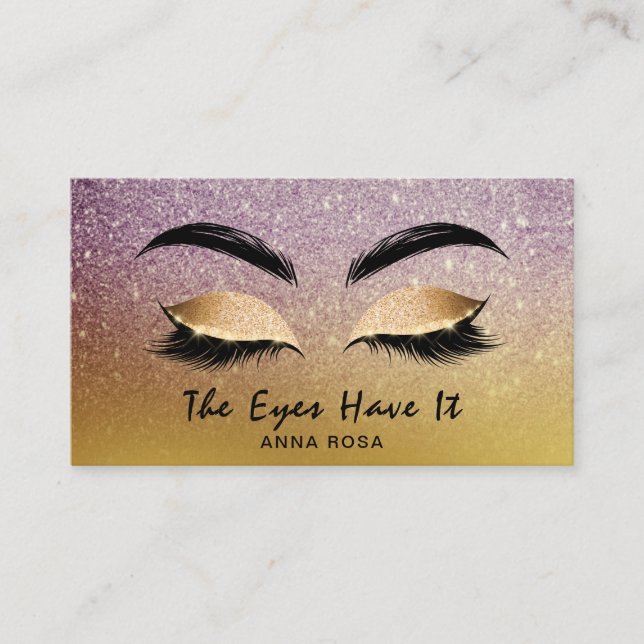 *~* Gold Eggplant Glitter Lashes Extensions Brows Business Card (Front)