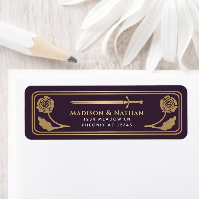Gold Eggplant Medieval Fantasy Sword Wedding Label (Insitu)