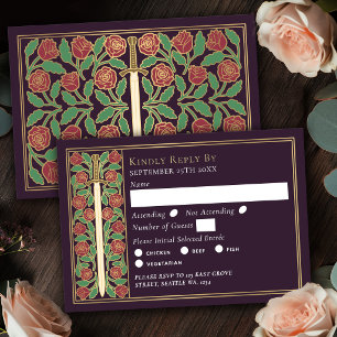 Gold Eggplant Medieval Floral Sword Wedding RSVP Card