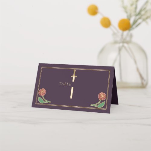 Gold Eggplant Royal Floral Sword Wedding Place Card