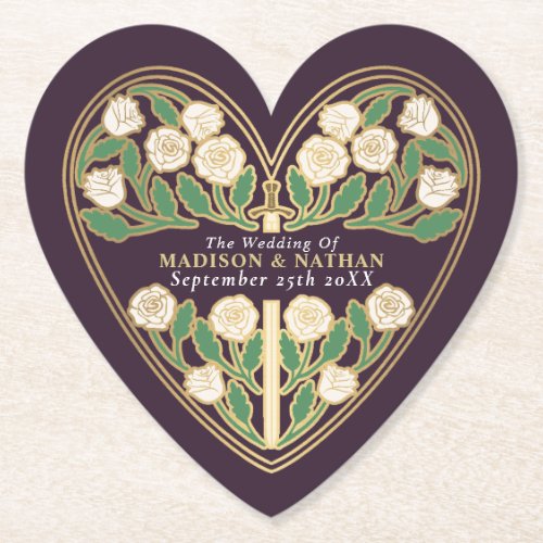 Gold Eggplant Royal Medieval Floral Sword Wedding Paper Coaster