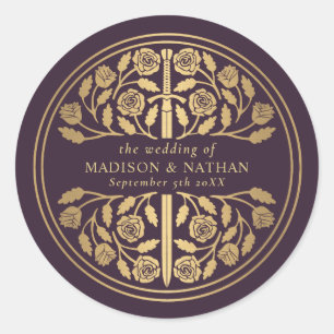 Gold Eggplant Royal Medieval Sword Wedding Classic Round Sticker