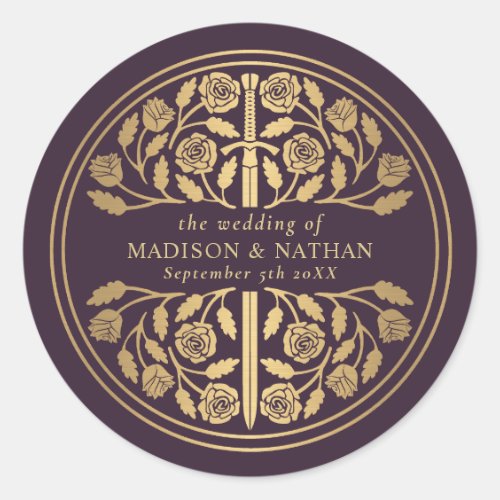 Gold Eggplant Royal Medieval Sword Wedding  Classic Round Sticker