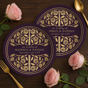 Gold Eggplant Royal Medieval Sword Wedding  Paper Plates