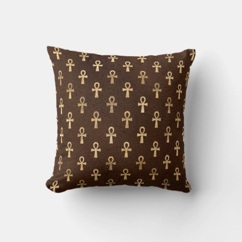 Gold Egyptian Ankh on Brown Throw Pillow