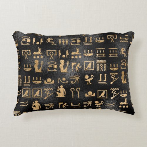 Gold Egyptian Hieroglyphics on Black Accent Pillow