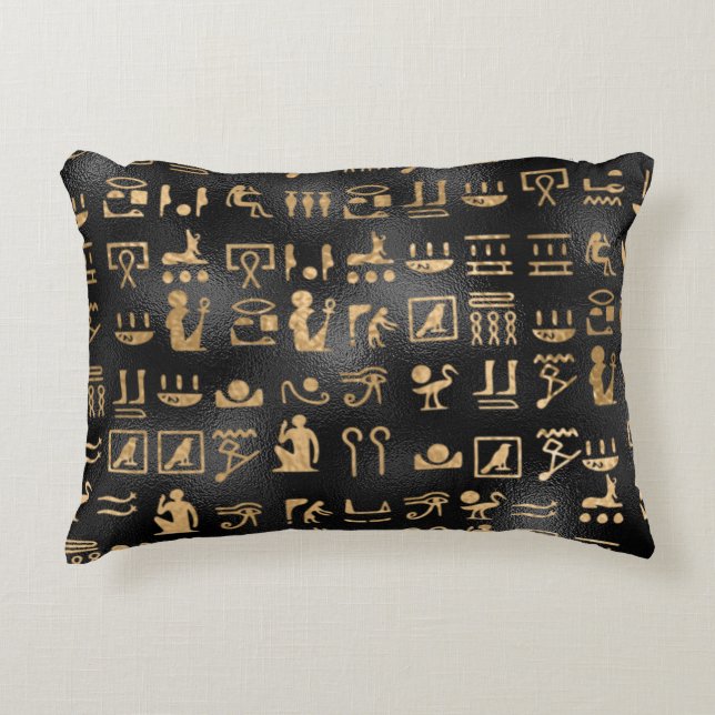 Gold Egyptian Hieroglyphics on Black Accent Pillow (Front)
