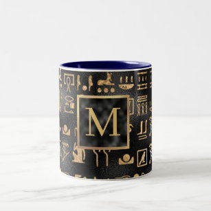 Gold Egyptian Hieroglyphics on Black Intial Two-Tone Coffee Mug