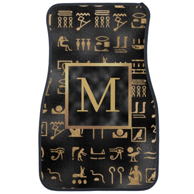Gold Egyptian Hieroglyphics on Black Monogram Car Floor Mat (Front)