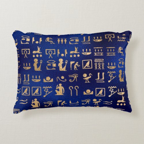 Gold Egyptian Hieroglyphics on Blue Accent Pillow