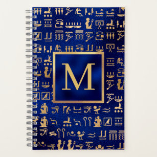 Gold Egyptian Hieroglyphics on Blue Intial Notebook